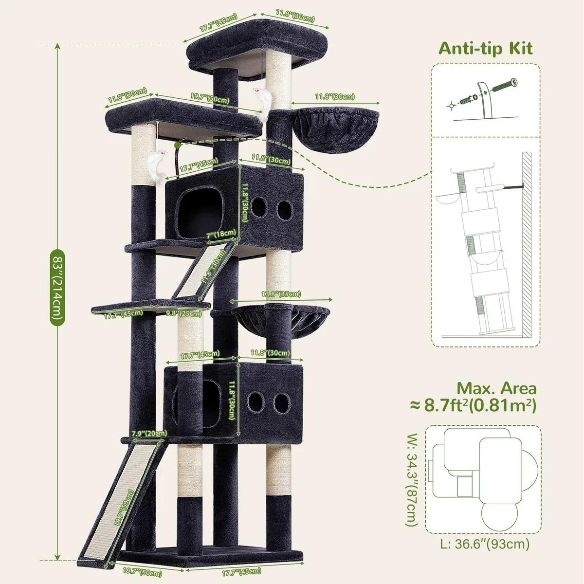 Globlazer 83 in Heavy Duty Cat Tree Tower with Seven Scratching Posts and Two Condos, Dark Gray