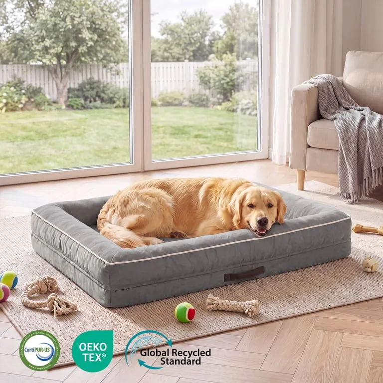 Solespit Extra Large Orthopedic Pet Bed with Four-Sided Bolster and Removable Washable Cover, Gray
