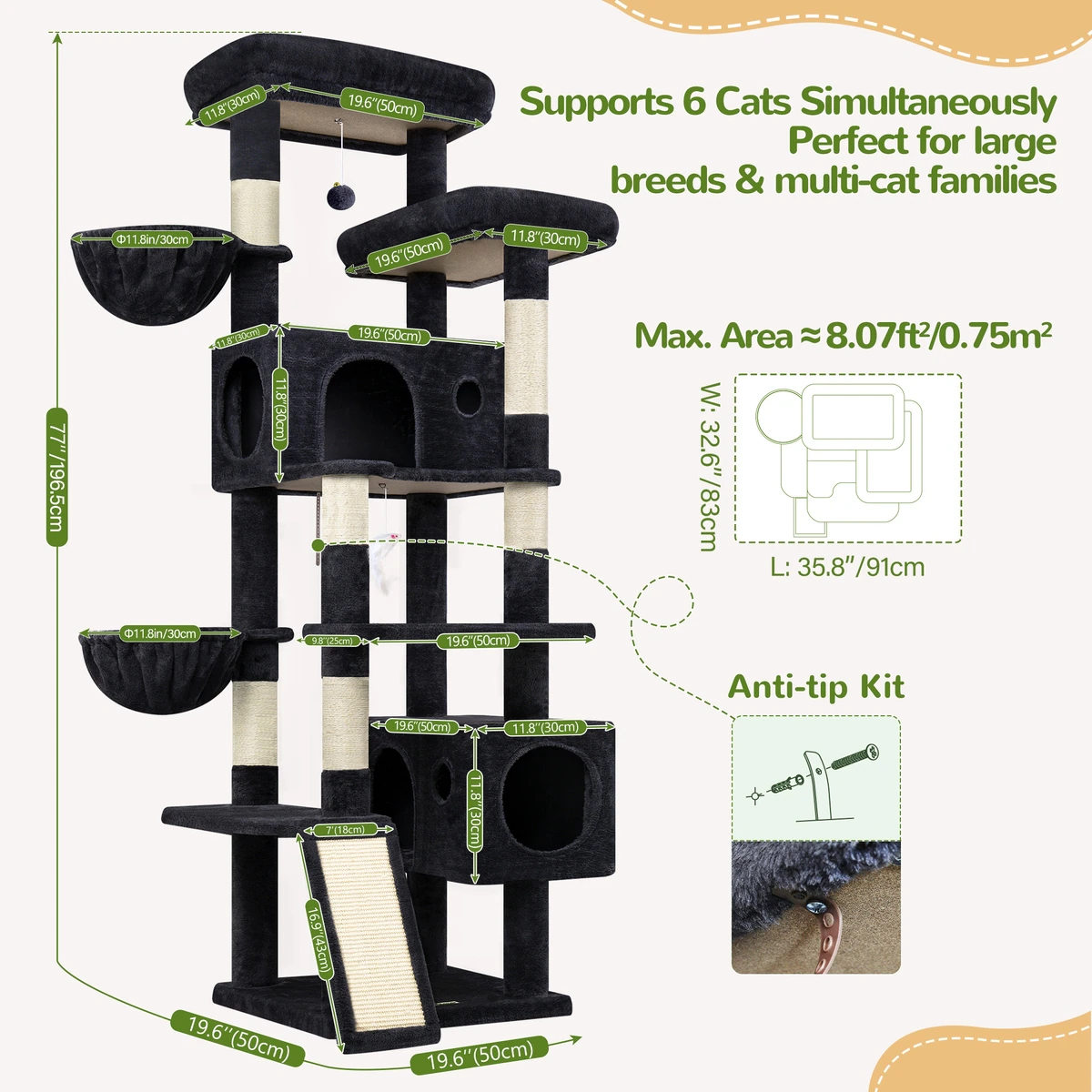 Globlazer 77 in Large Cat Tree Tower with Six Sisal Scratching Posts and Two Condos, Dark Gray