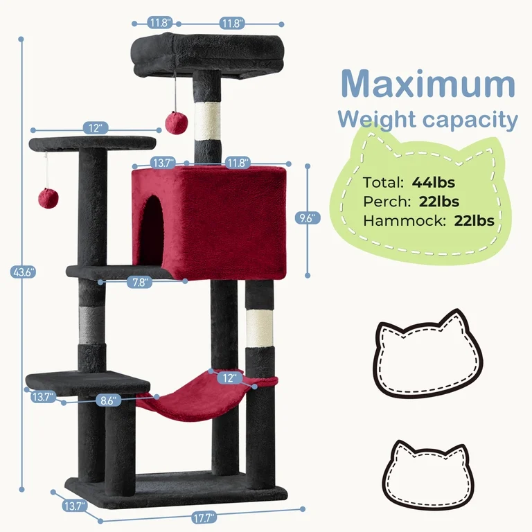CONCETTA 44 in Multi-Level Cat Tree Tower with Large Top Perch and Hammock, Black and Red