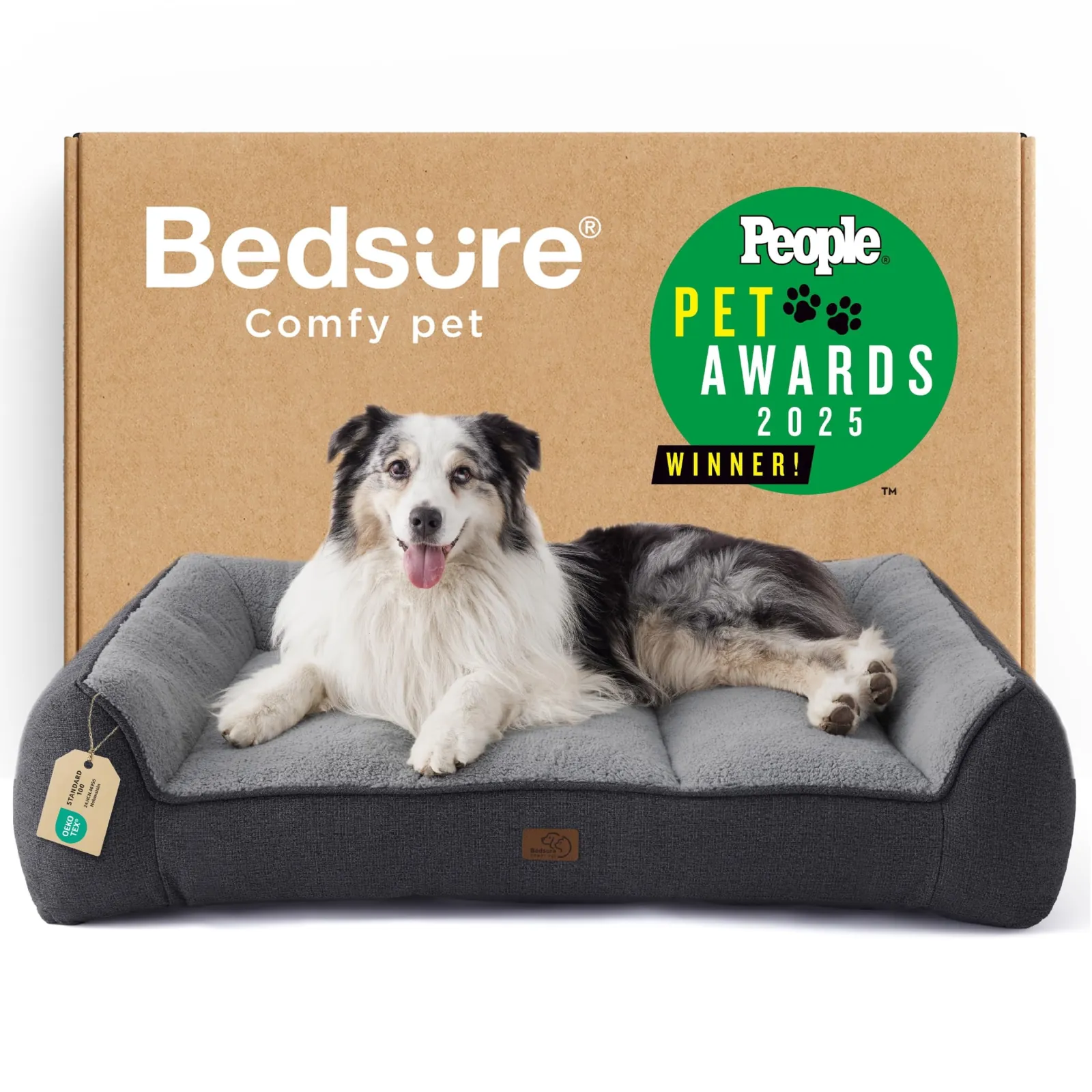 U by Bedsure SupportMax 42 in Orthopedic Dog Bed with Extra Thick Foam, Waterproof Washable Sherpa Cover, Gray
