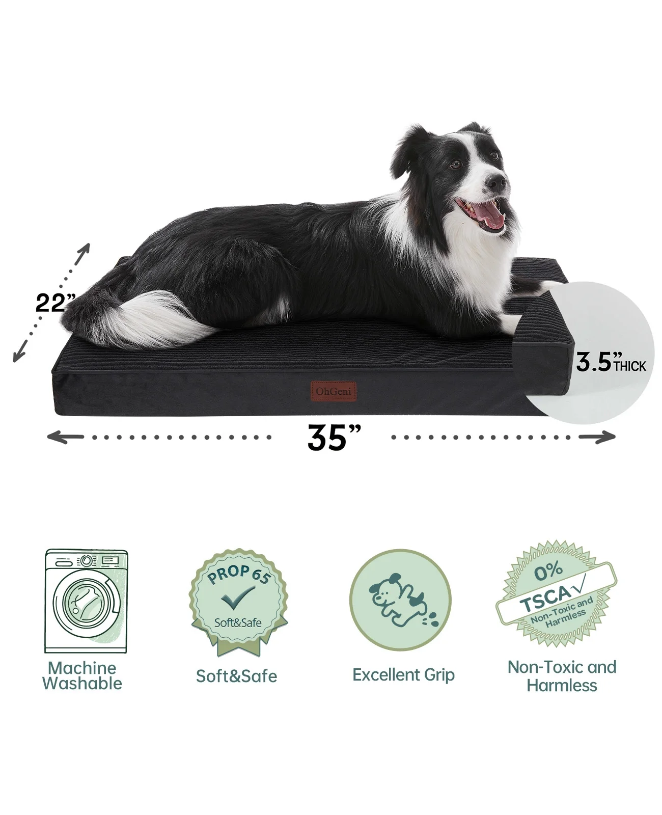 OhGeni 35 in Orthopedic Large Dog Bed with Waterproof Washable Cover and Egg-Crate Foam, Black