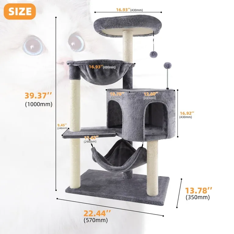 TWDEPART 3-Level 35 in Cat Tree with Cat Condo and Hammock, Gray