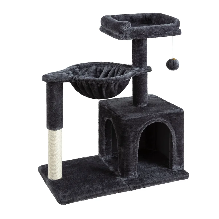 Amolife 29.5 in Cat Tree Tower with Plush Condo, Hammock, Perch and Sisal Scratching Posts, Gray