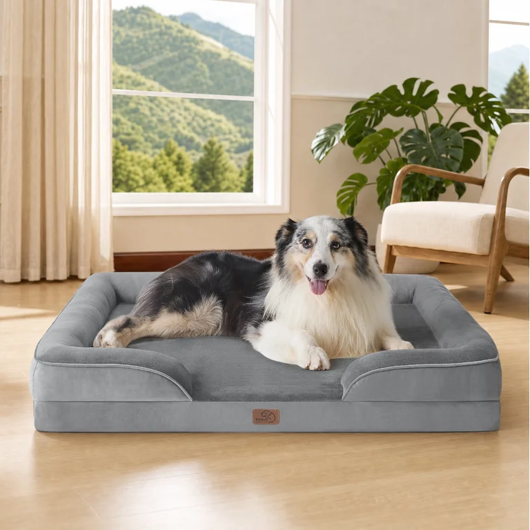 U by Bedsure ComfyFleece Orthopedic Large Dog Bed with Waterproof Egg-Crate Foam, Washable Cover, Gray