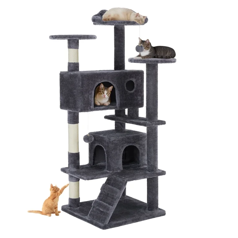 Atilioo 54 in Cat Tree Tower with Scratching Post and Multi-Level Cat Condo, Gray