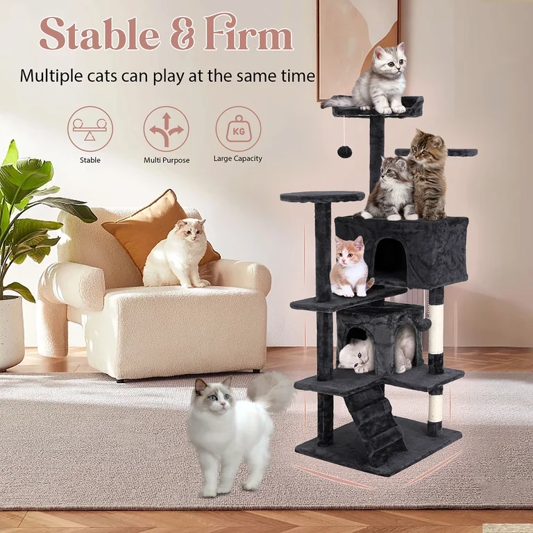 Tabby Indoor Upholstered Faux-Fur Wood Dark Gray Cat Condo Tree Tower