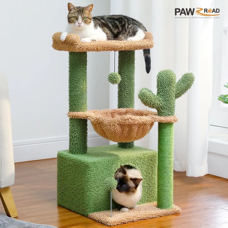 PAWZ Road 33 in Cactus Cat Tree with Scratching Posts, Large Top Perch and Hammock, Green